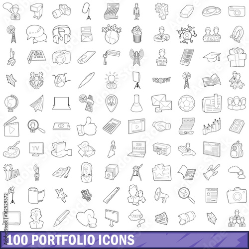 100 portfolio icons set, outline style