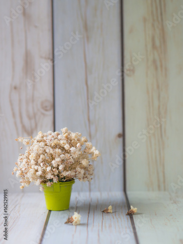 Dried white baby's breath flowers in a green flower pot on vintage wood background photo