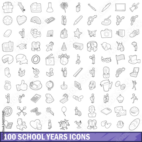 100 school years icons set  outline style