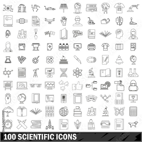 100 scientific icons set, outline style