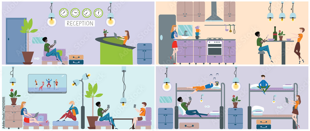 Hostel interior set. Reception, kitchen, lounge and bedroom with hotel customers. Vector illustration in flat style.