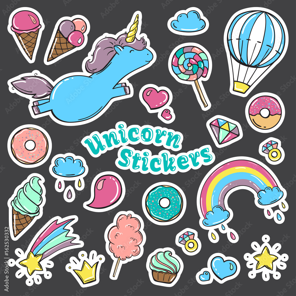 Unicorn sweet set of stickers, pins, patches in cartoon comic style. Rasterized copy Unicorn sweet set of stickers, pins, patches in cartoon comic style. Rasterized copy