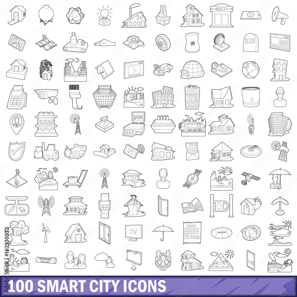 100 smart city icons set, outline style 100 smart city icons set, outline style
