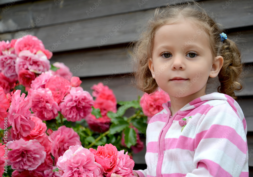 Portrait of the little girl near the blossoming roses