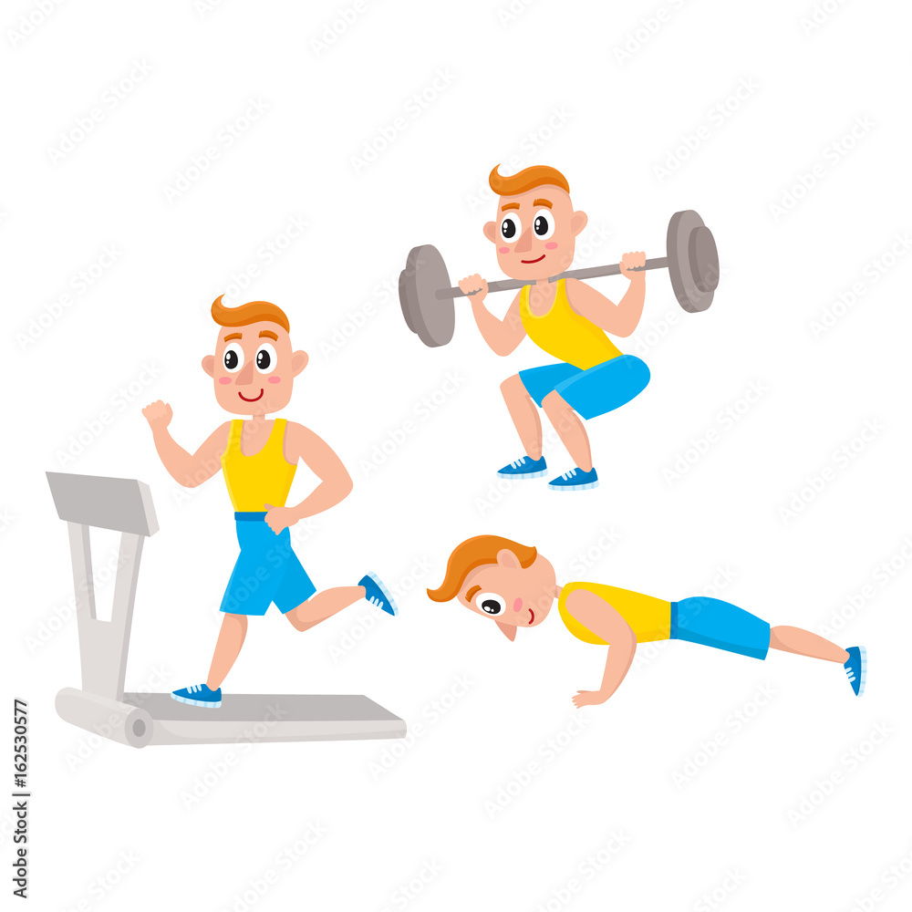 Young man doing sport exercises, training, weightlifting, doing sit-ups, running on treadmill, cartoon vector illustration isolated on white background. Cartoon man, guy doing fitness exercises in gym Young man doing sport exercises, training, weightlifting, doing sit-ups, running on treadmill, cartoon vector illustration isolated on white background. Cartoon man, guy doing fitness exercises in gym