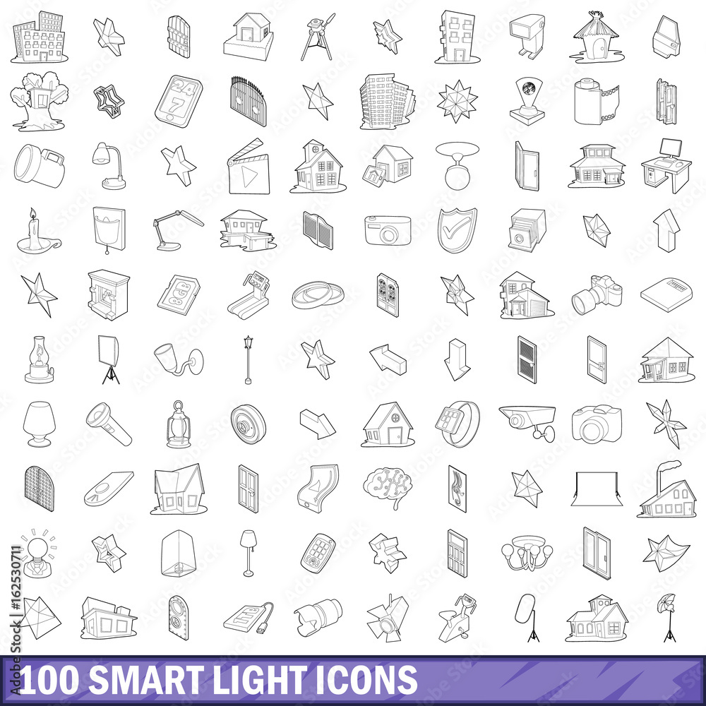 100 smart light icons set, outline style 100 smart light icons set, outline style