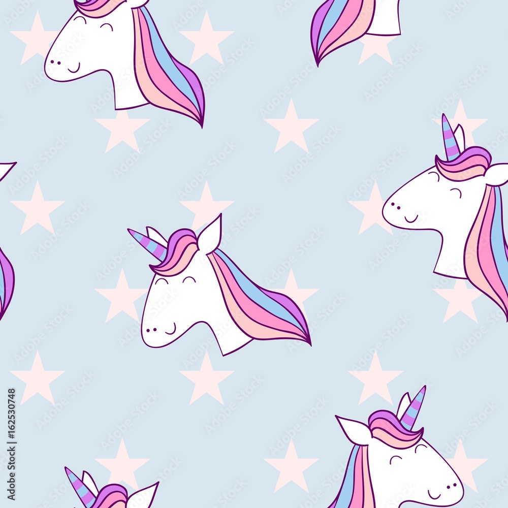 Magic cute unicorn with stars. Vector seamless pattern