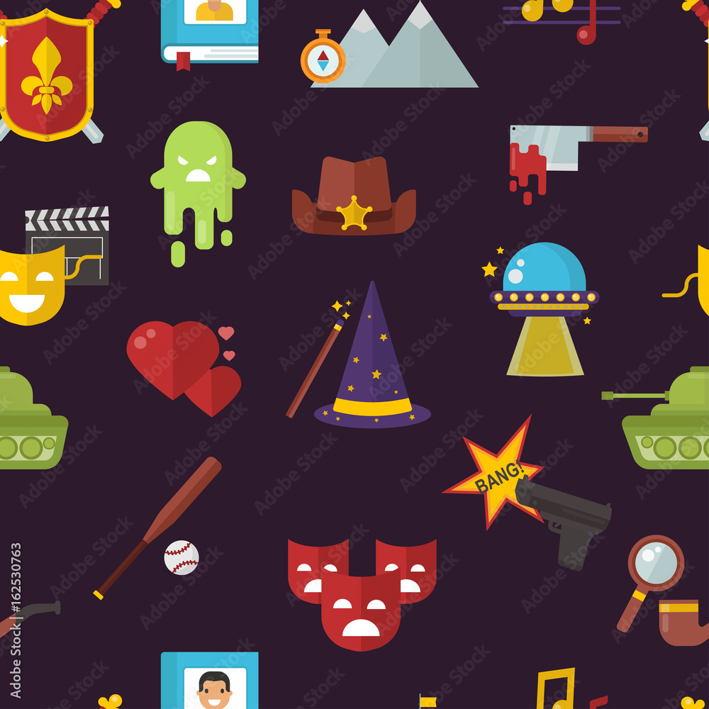 Naklejka premium Cinema genre icons set cinematography flat entertainment comedy, drama, thriller movie production symbol vector illustration pattern seamless background