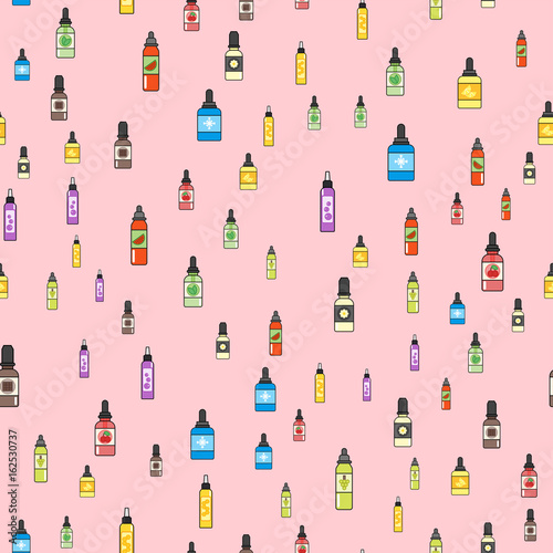 Vape device vector seamless pattern cigarette vaporizer vapor juice bottle flavor illustration battery coil.