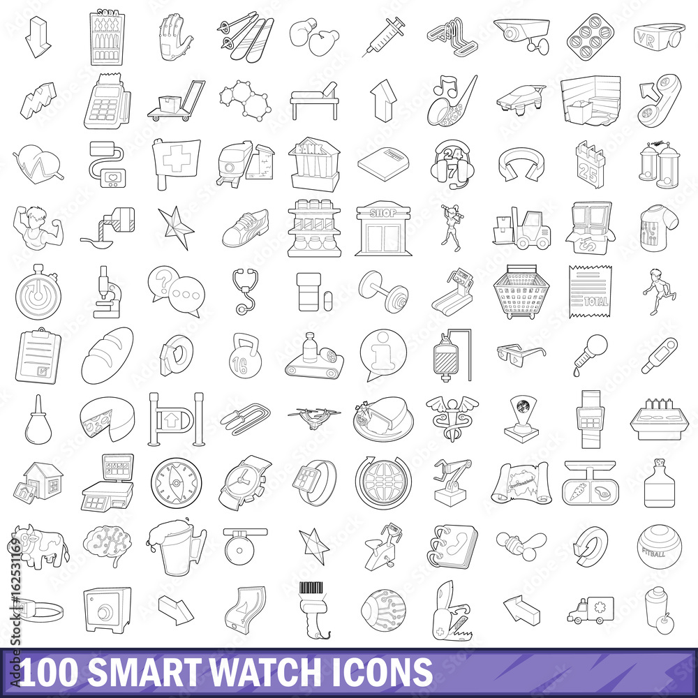 100 smart watch icons set, outline style 100 smart watch icons set, outline style