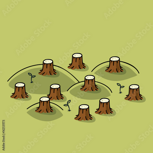 A cartoon of a group of tree stumps in a clearcut forest.