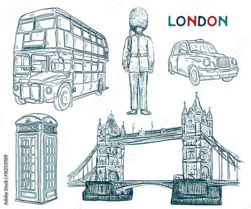 London landmark symbols in sketch style. Isolated elements. Vintage hand drawn vector illustration.