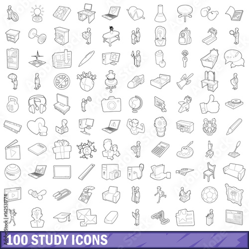 100 study icons set  outline style