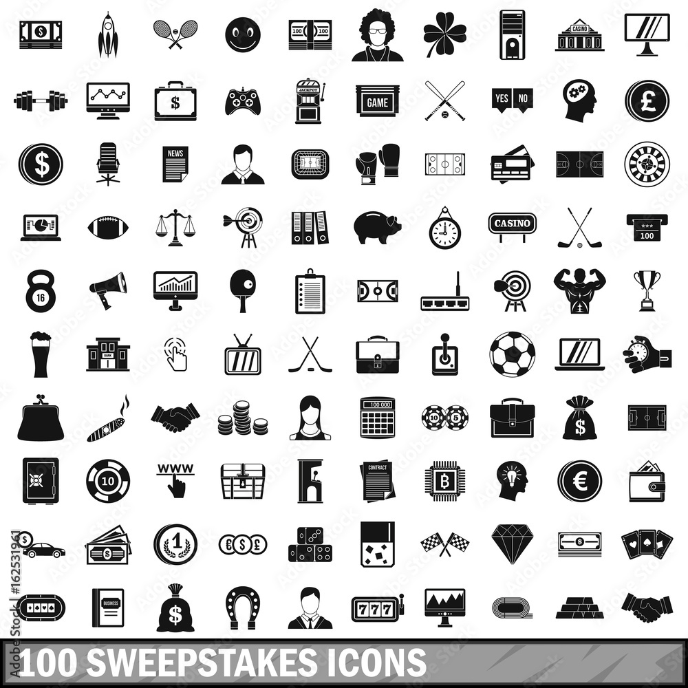 100 sweepstakes icons set, simple style 