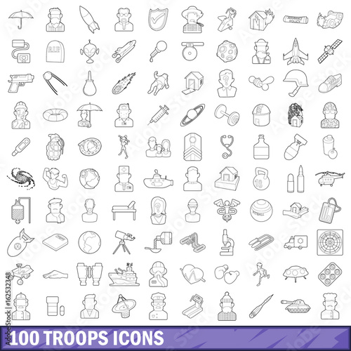 100 troops icons set, outline style