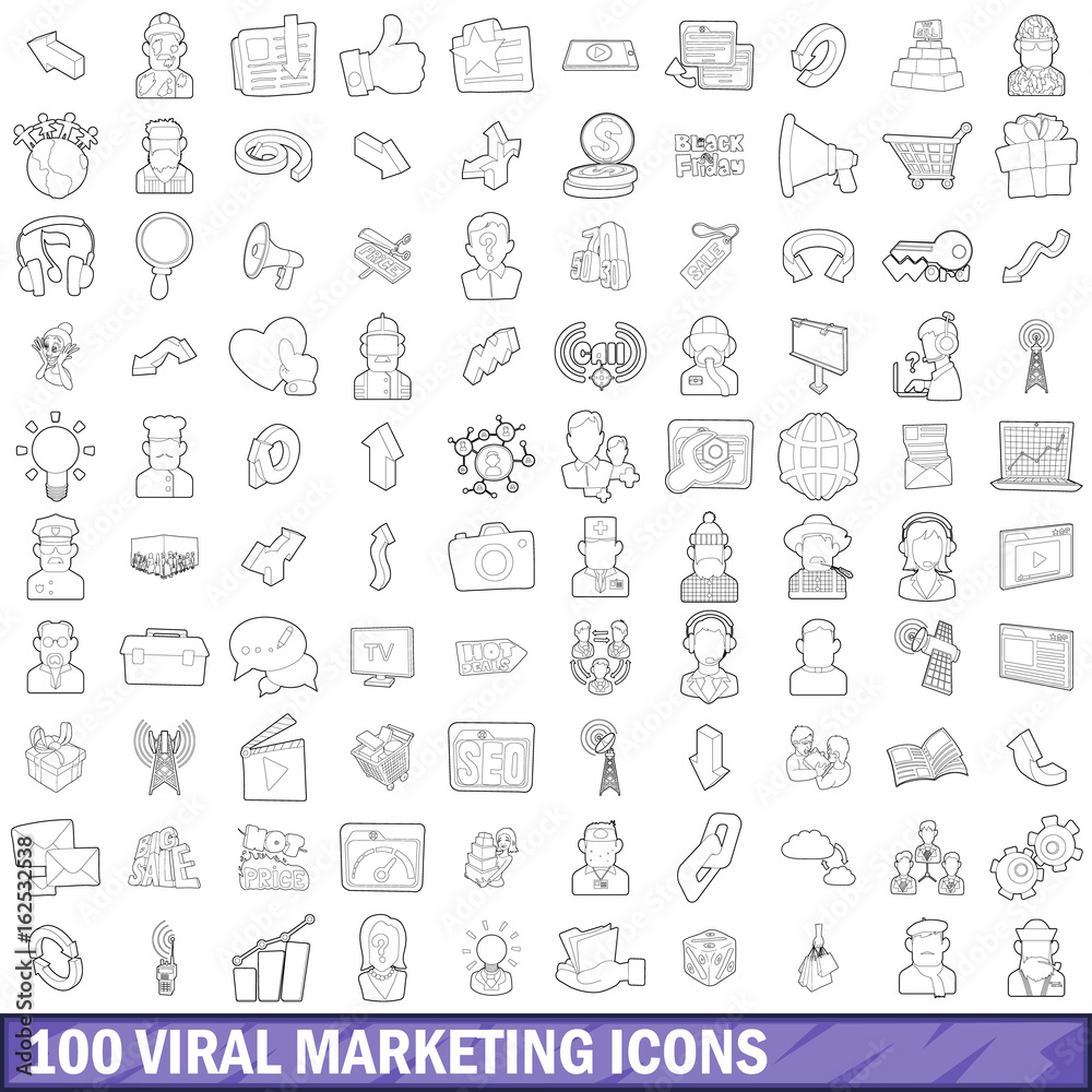 100 viral marketing icons set, outline style 100 viral marketing icons set, outline style