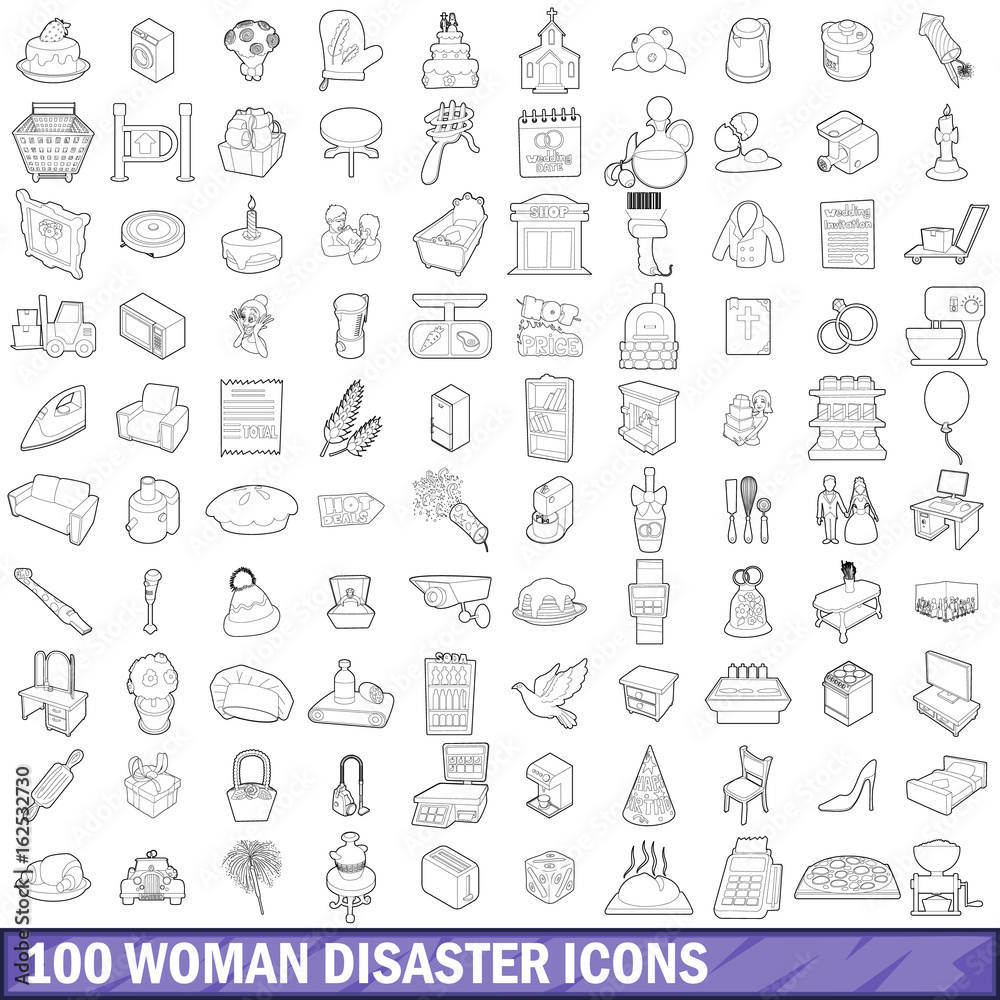 100 woman disaster icons set, outline style 100 woman disaster icons set, outline style