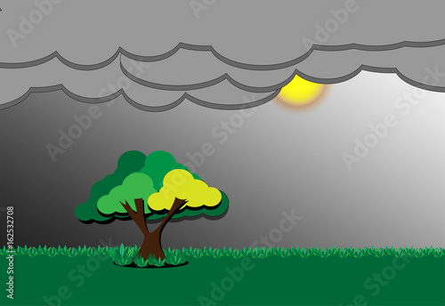 green grass, tree,  sun and dark sky