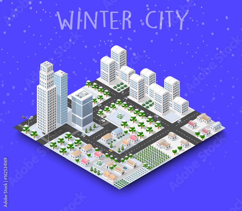 City module creator isometric concept of urban infrastructure business. Vector building illustration of skyscraper and collection of urban elements architecture, home, construction, block and park