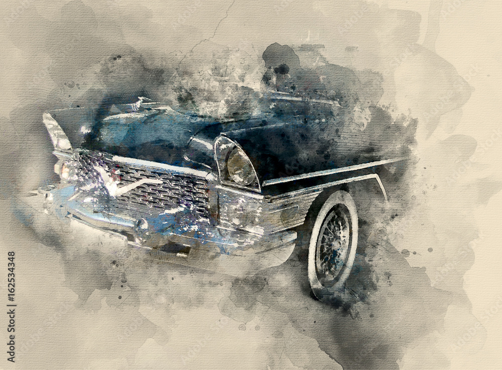 Retro car. Watercolor background