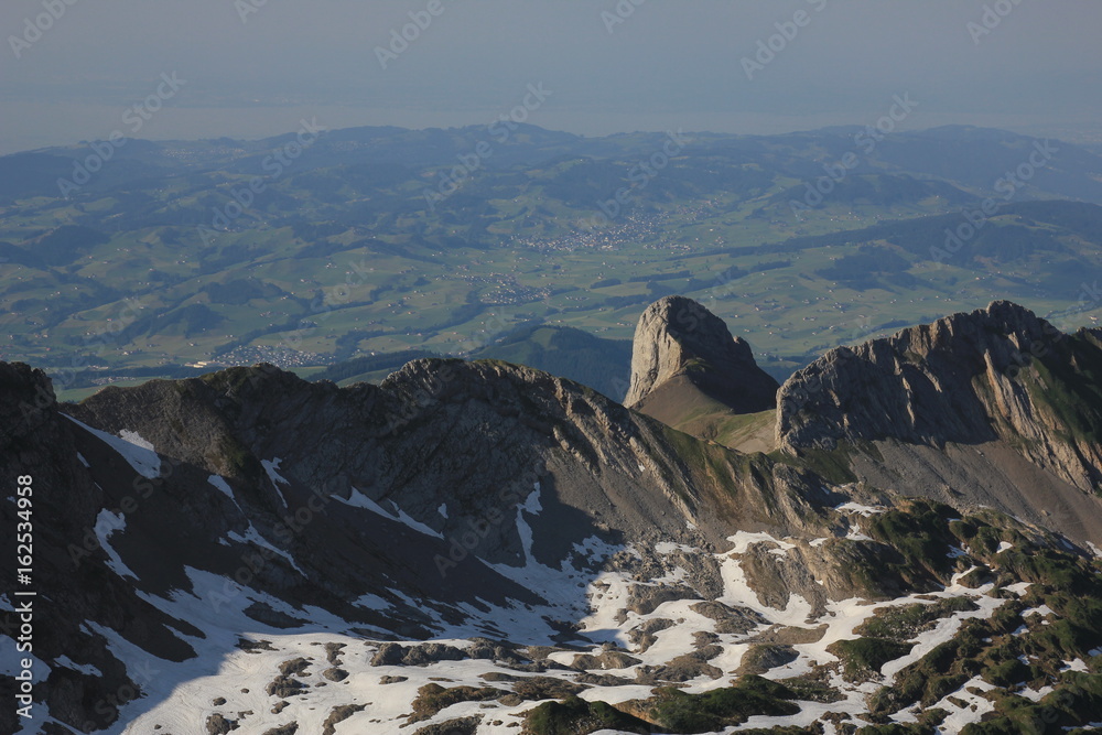 Visible rock layers in the Alpstein Range, view from Mount Santis.