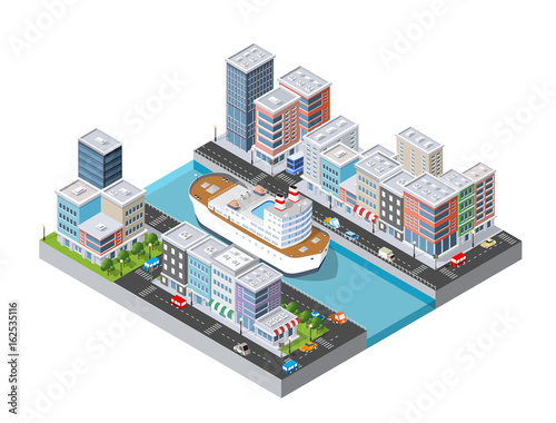 Cruise boat and naval ships nautical transport on the sea for travel vacation tourism illustration. Isometric set of transportation objects