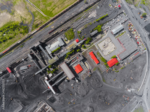 Panorama aerial view shot of coal processing plant, industrial production