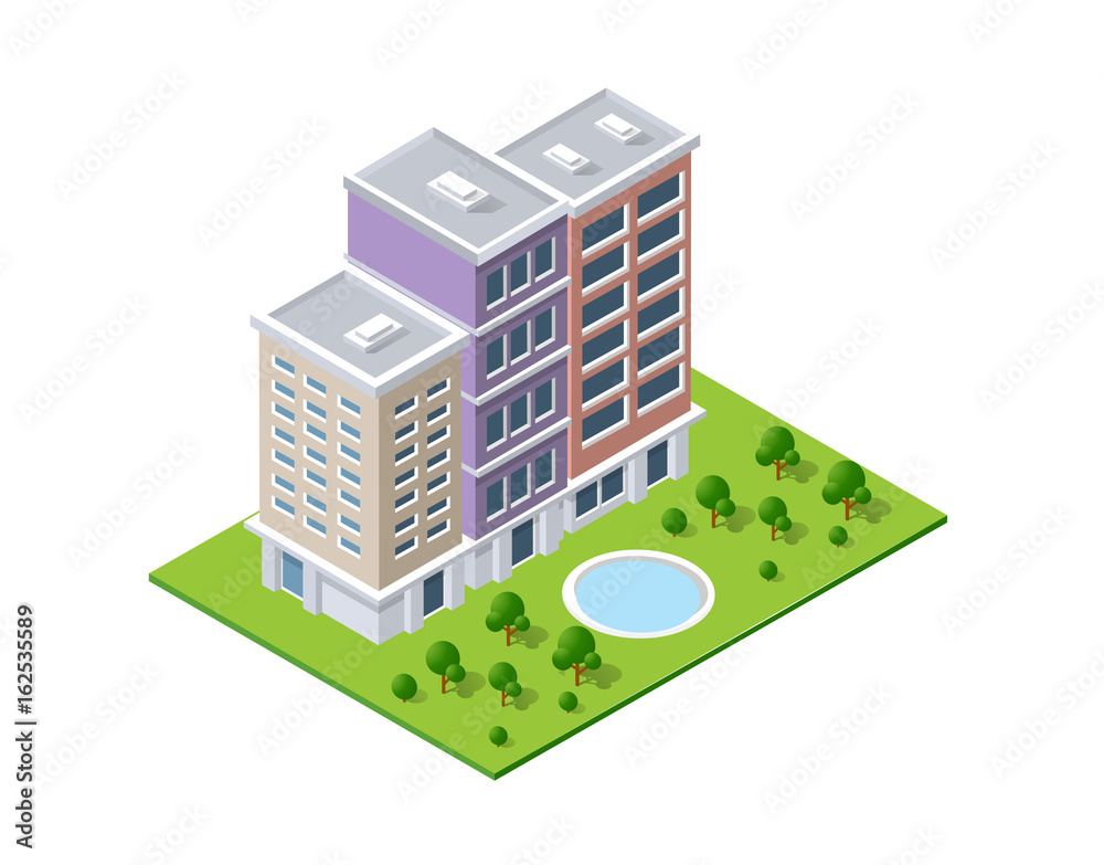 City isometric concept of urban infrastructure hotel. Vector building illustration of skyscraper and collection of urban elements architecture, home, construction, block and park