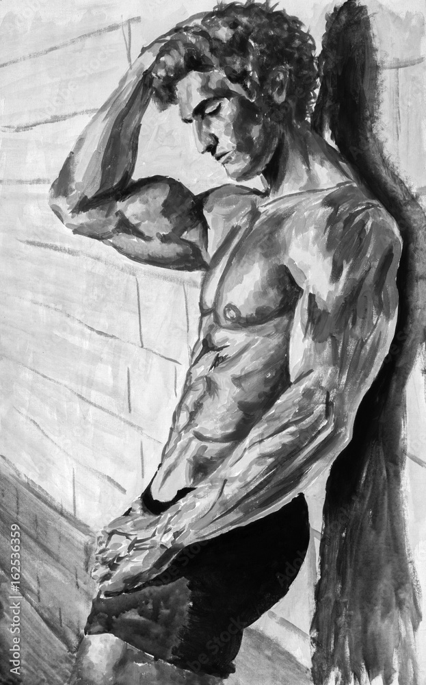 Fototapeta premium Black and white Naked athletic guy at wall Original oil painting on canvas. Beautiful hand made sexy body artwork. Fassion illustration. Modern impressionism art.