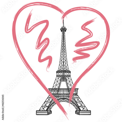 Grunge France poster. Vector hand drawn heart and Eiffel tower photo