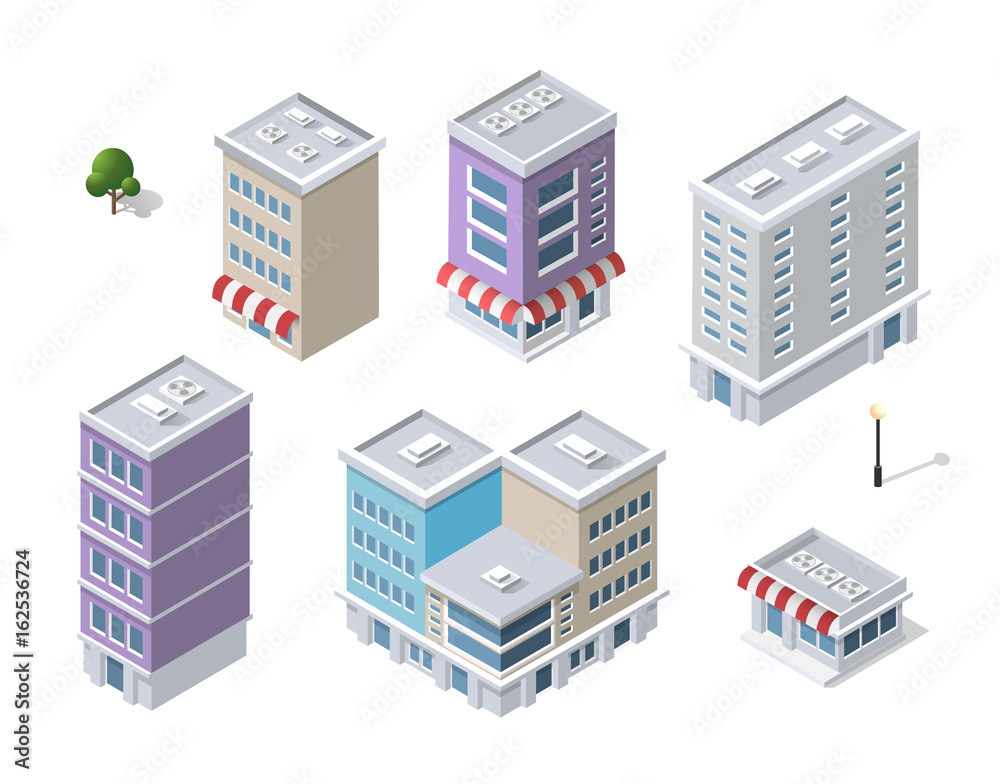 Set of modern isometric buildings and plants for sites and games Set of modern isometric buildings and plants for sites and games