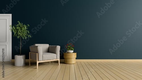 Living room with armchair and tree on dark wall background, 3D rendering