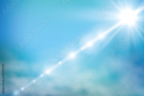 Sunny background, blue sky with white clouds and sun with a glare, vector illustration.