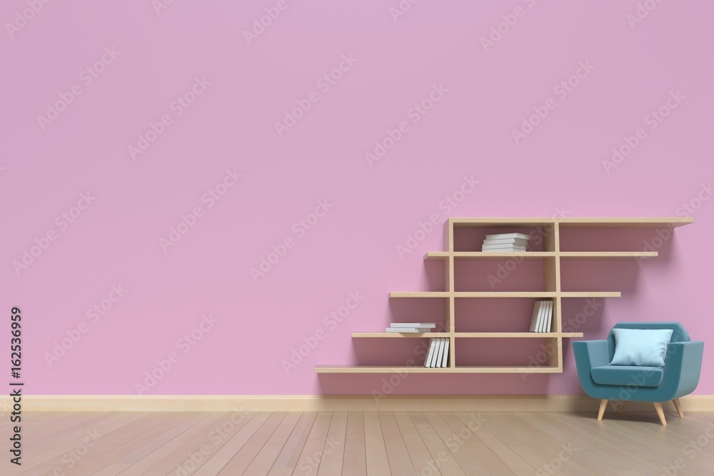 Living room with armchairs and a bookshelfs behind the pink walls,3D rendering Living room with armchairs and a bookshelfs behind the pink walls,3D rendering