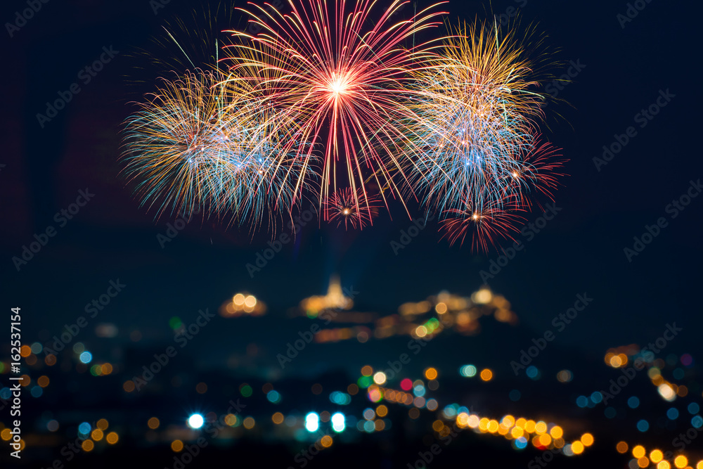 Beautiful firework display on celebration night, showing on the river    