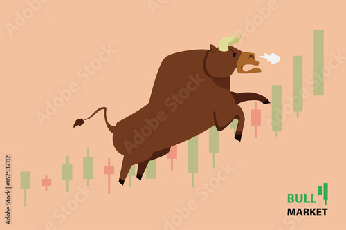Bull treading on the stock market.  bull (market) running up on technical graph.  Stock exchange market bulls metaphor. Growing, rising up stock price.  Trading Flat style vector illustration EPS10.