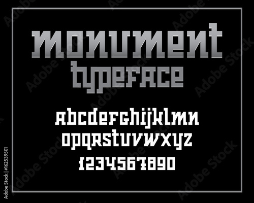 Heavy serif typeface. Monument font isolated on black background. Vector illustration