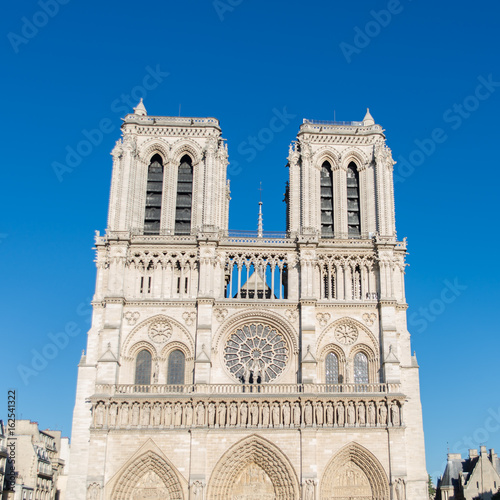  Paris, Notre-Dame cathedral in blue sky 
