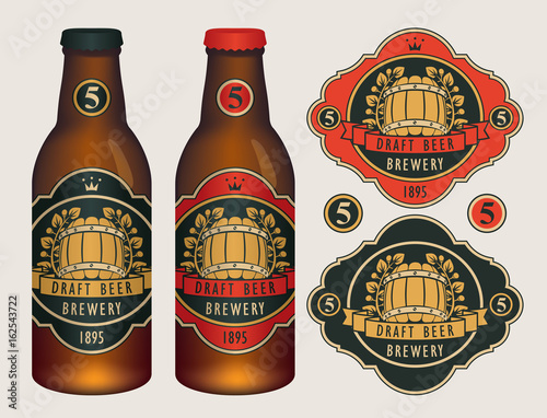 Vector beer labels with barrel, laurel wreath, ribbon and crown in retro style on a red and black background. Two template labels for draft beer and neck labels on glass bottles with caps.