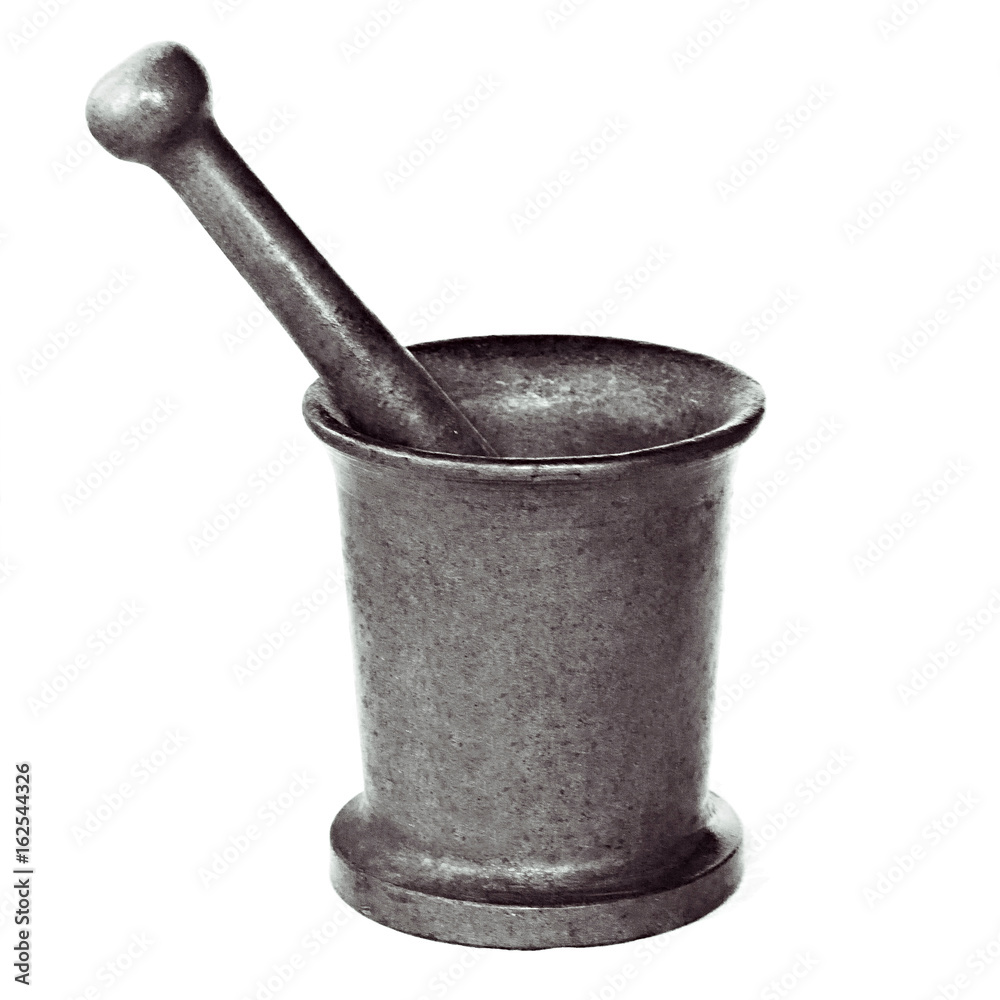 Antique silver metal mortar and pestle isolated on white background Antique silver metal mortar and pestle isolated on white background