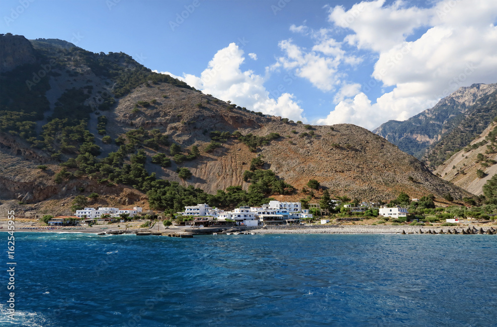 panoramic view of Crete (Greece) mountains of Libyan Sea side and Agia Roumeli village.