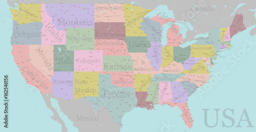 Vector High detailed accurate USA map, american road, motorway map with labeling and colorful state areas and borders. Geographic, traditional, administrative atlas. Editable cartography illustration