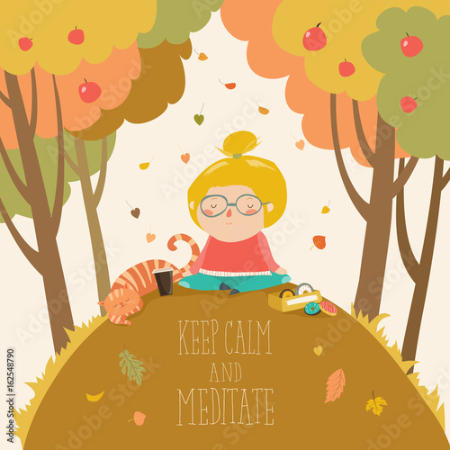 Cute girl practicing yoga in autumn park
