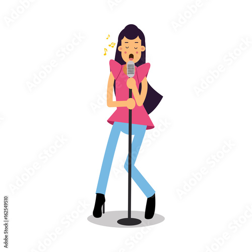 Young brunette woman singing with microphone cartoon character vector Illustration