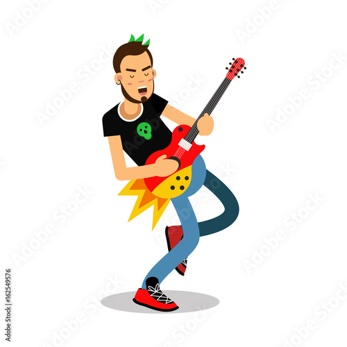 Rock musician playing on electrical guitar cartoon character vector Illustration