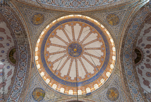 Decorated ceiling at Sultan Ahmed Mosque (Blue Mosque) showing the main big dome, Istanbul, Turkey