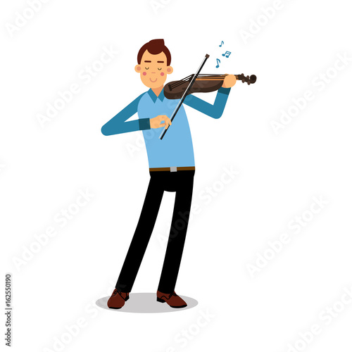 Young musician playing a violin cartoon character, violinist playing classical music vector Illustration