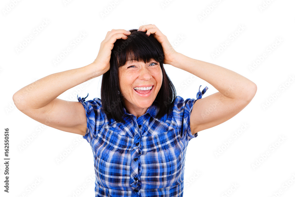 Happy and surprised smiling, woman 35 years old hold head by hands, mouth open with white teeth, isolated over white background, Winner woman with success, positive human emotion Happy and surprised smiling, woman 35 years old hold head by hands, mouth open with white teeth, isolated over white background, Winner woman with success, positive human emotion