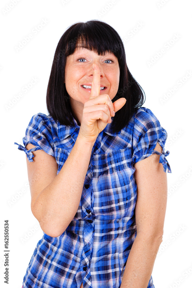 Portrait of mature woman keeping finger on her lips and asking to keep quiet, isolated over white background Portrait of mature woman keeping finger on her lips and asking to keep quiet, isolated over white background