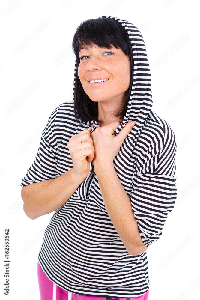 Half body portrait of attractive mature brunette woman wearing striped t-shirt with hood isolated over white Half body portrait of attractive mature brunette woman wearing striped t-shirt with hood isolated over white